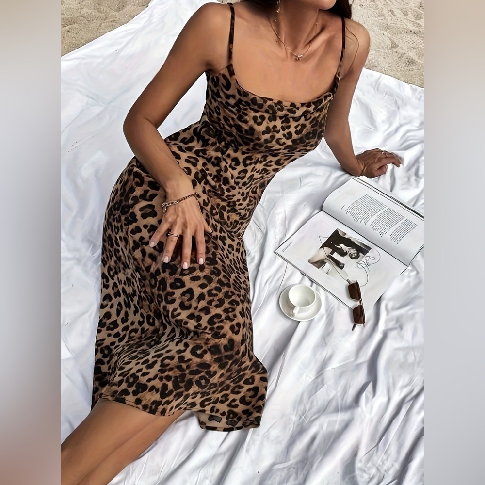 Leopard Spaghetti Strap Midi Dress